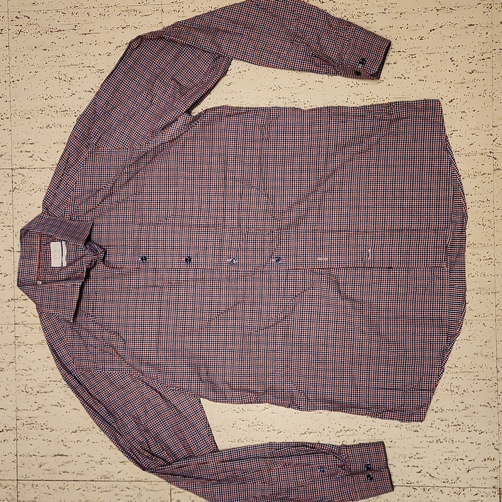 Eton Plaid Cotton Long Sleeve Button Down Casual Dress Shirt Red, White & Blue